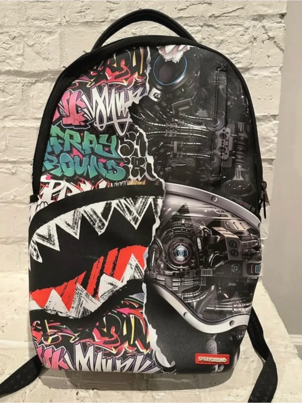 Sprayground Black Graphic Shark-Mouth & Graffiti Backpack